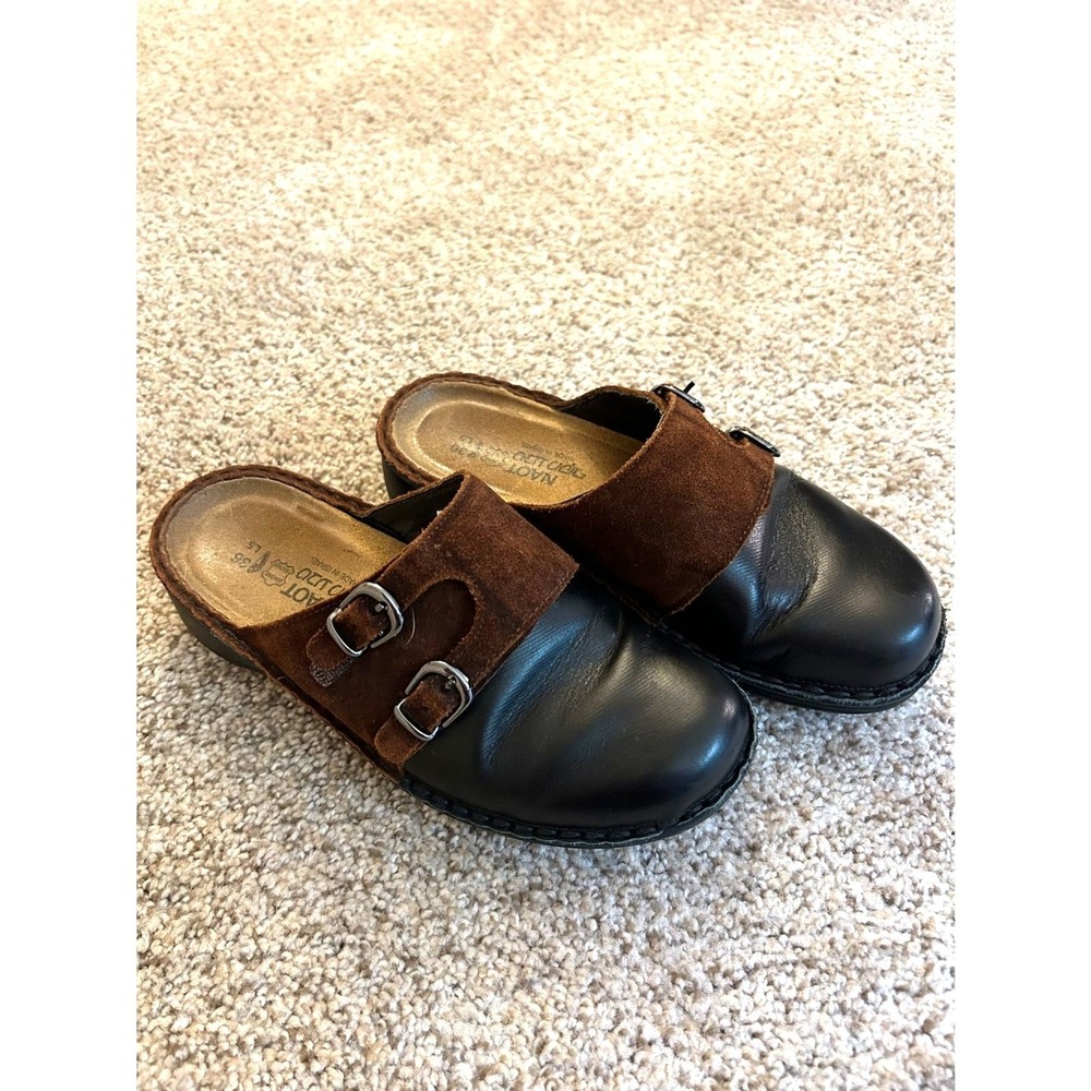 Naot Black Brown Leather Slip On Clogs Size 5.5 Shoes Wedges 90s grunge cottage‎